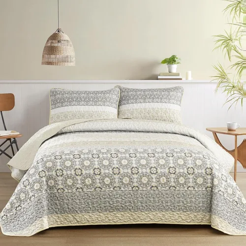 Miniatura 32 de WONGS BEDDING Juego de edredón bohemio tamaño Queen, juego de colcha de retazos a rayas bohemias aguamarina con 2 fundas de almohada, juego de ropa