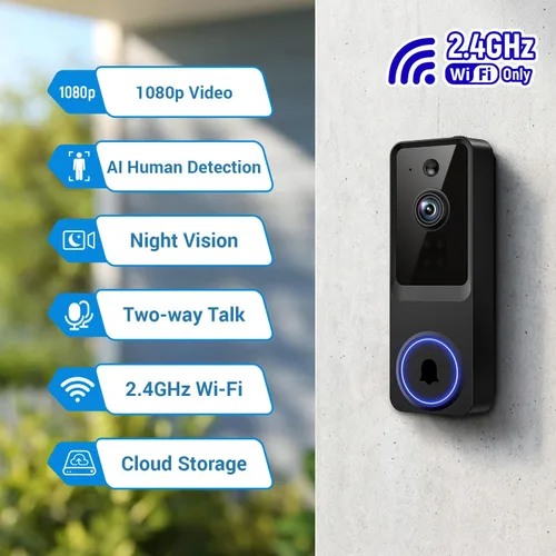 Miniatura 5 de Cámara de timbre de video inalámbrica de 1080p para seguridad del hogar, con almacenamiento en la nube, alertas en tiempo real