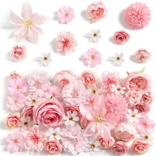 Miniatura 10 de rongflower Cabezas de flores falsas para manualidades, rosas artificiales de seda negra, peonías, margaritas y cabezas florales (paquete de 48)