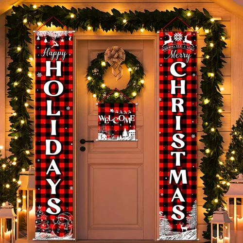 Miniatura 5 de Cartel navideño de 3 piezas de Navidad para porche, pancarta de Feliz Navidad, pancarta de bienvenida para puerta delantera, letrero colgante