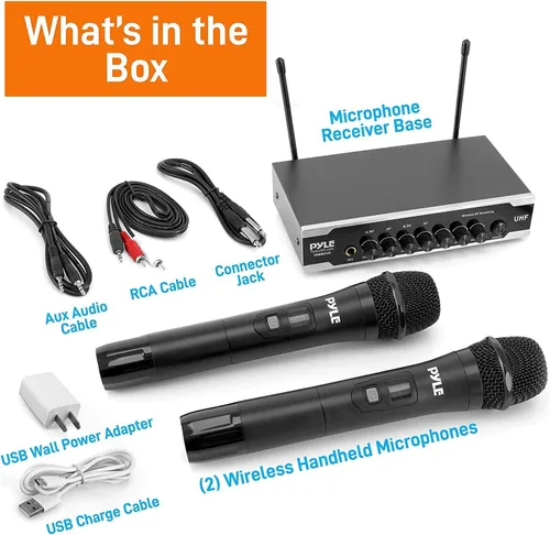 Miniatura 7 de Pyle Sistema de micrófono inalámbrico Uhf portátil, funciona con pilas, juego de micrófonos inalámbricos Bluetooth dual, incluye 2 micrófonos