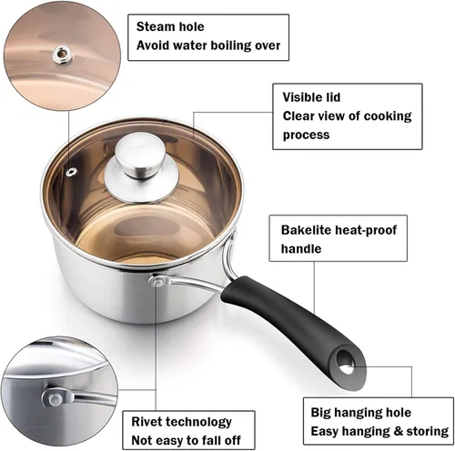 Miniatura 2 de P&P CHEF - Cacerola de 2 cuartos de galón, olla pequeña, cacerola de acero inoxidable con tapa, olla pequeña para cocinar en la cocina del hogar