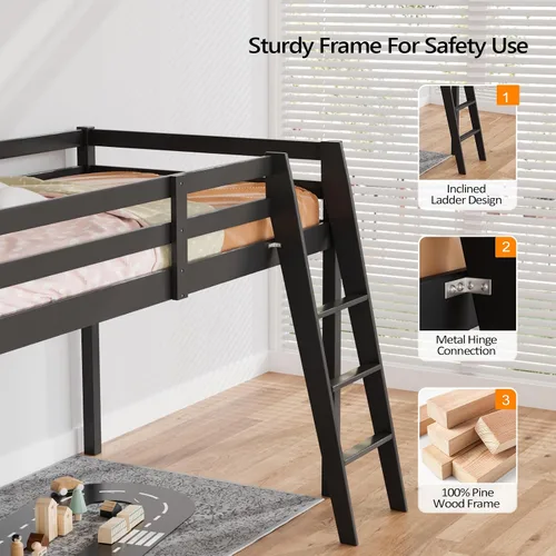 Miniatura 6 de VINGLI - Cama tipo loft baja de 47'' para junior con escaleras, cama de madera tamaño individual para adultos, niños y adolescentes jóvenes, sin