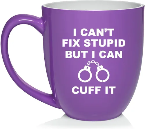 Miniatura 15 de Daylor Taza de café de cerámica con texto en inglés "I Can't Fix Stupid But I Can Cuff It" para oficial de policía, taza de té de cerámica, regalo