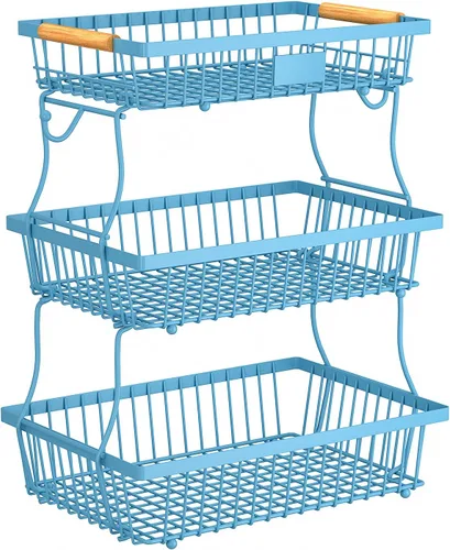 Miniatura 15 de Cesta de frutas de 2 niveles para encimera de cocina con 2 ganchos para plátanos, cesta de pan de metal para encimera con mango de madera, soporte
