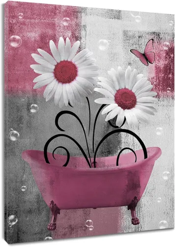 Miniatura 13 de HVEST Arte de pared retro floral morado para sala de estar, casa de campo, margaritas y mariposas en lienzo geométrico abstracto, arte de pared