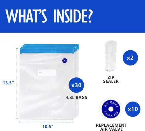 Miniatura 2 de VICARKO 30 bolsas con cremallera al vacío, bolsas selladoras al vacío, almacenamiento de alimentos, bolsas reutilizables, con doble capa, sin BPA