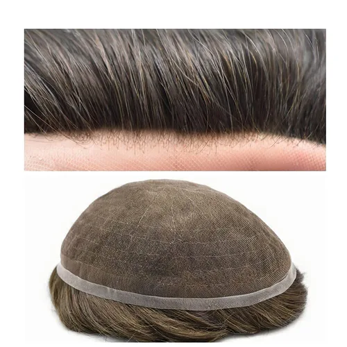 Miniatura 11 de Pelo humano para hombre Toupee French Lace Front Natural Hairline postizos de color marrón medio sistema de reemplazo de cabello virginal