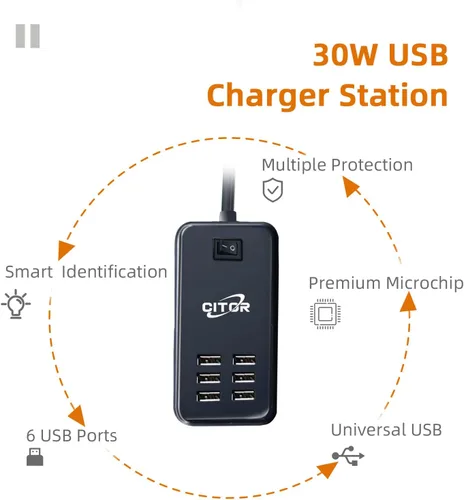 Miniatura 2 de Cargador USB multipuerto, estación de carga USB de 6 puertos para múltiples dispositivos, teléfono, tableta, regleta de alimentación con interruptor