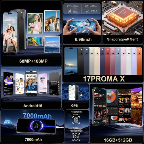 Miniatura 7 de Ecshock Teléfono desbloqueado de 17PM Teléfono celular Android 15.0 16+512GB Smartphone Pantalla HD de 6.99 pulgadas Batería de larga