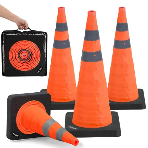 BATTIFE Paquete de 4 conos naranjas plegables de seguridad de tráfico de 28 pulgadas con base negra pesada, conos emergentes multiusos y collar