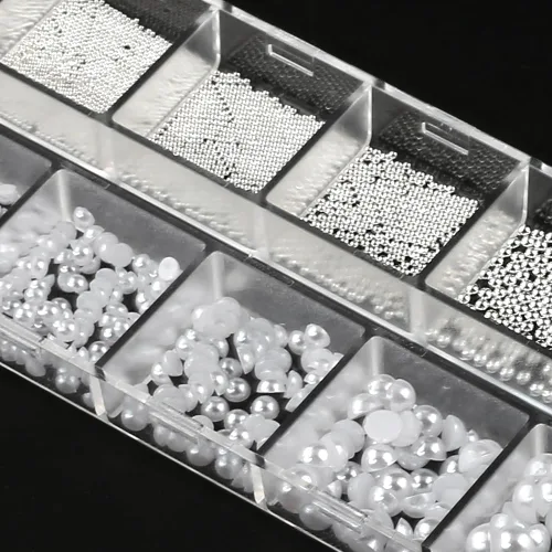 Miniatura 9 de 1 caja/12 rejillas para arte de uñas, perlas blancas para uñas, cuentas de perlas semicirculares, pequeñas cuentas de acero inoxidable, cuentas