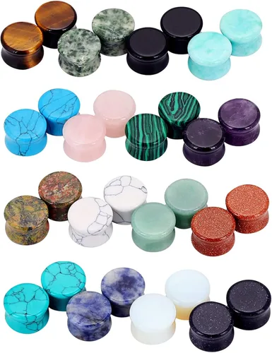 Miniatura 12 de Qmcandy - Juego de 6 pares / 16 pares de dilatadores para las orejas, de piedra mixta, expansores, conjunto de perforación corporal calibre 8G a 3/4