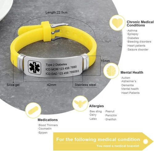 Miniatura 86 de OPALSTOCK Pulseras médicas personalizadas de silicona ajustable para identificación de emergencias, grabado gratuito, 9 pulgadas, resistente al