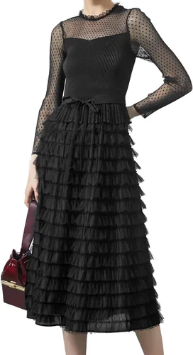 Miniatura 3 de Vestidos midi de gasa de manga larga para mujer, con capas, para invitadas de boda, cóctel, baile, fiesta de noche