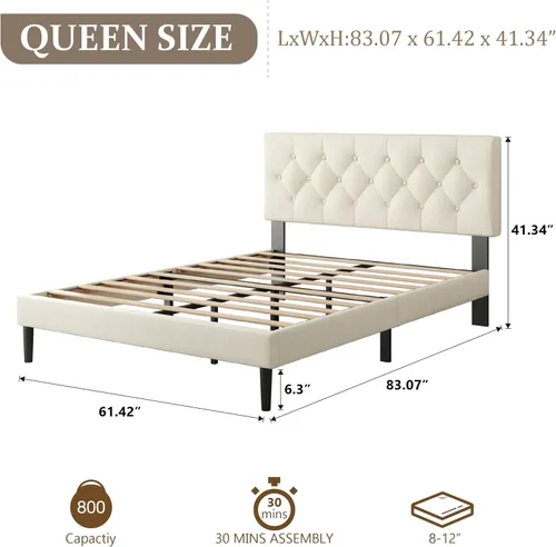 Miniatura 2 de CXVX Marco de cama de tamaño matrimonial con estructura de plataforma y cabecera tapizada, diseño con botones, listones de madera resistentes,