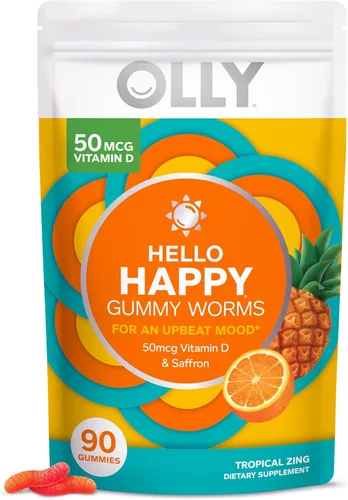 Miniatura 2 de OLLY Hello Happy Gomitas de gusanos, apoyo al equilibrio del estado de ánimo, vitamina D, azafrán, gomitas de belleza innegable para cabello, piel