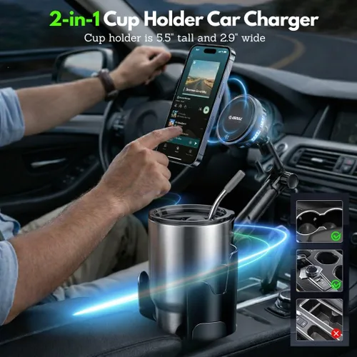 Miniatura 3 de Cargador de coche inalámbrico rápido Qi2 de 25 W con ventilador de enfriamiento, soporte para teléfono con brazo largo ajustable, soporte magnético