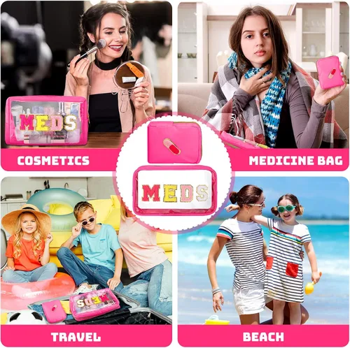 Miniatura 6 de Hillban 2 bolsas medicinales de chenilla con parche de letras, bolsas de viaje, de nailon transparente, bolsas de maquillaje portátiles