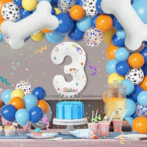 Miniatura 2 de Juego de 118 globos azules y naranjas de tercer cumpleaños, globos de pata de perro, suministros para fiestas de cumpleaños Blue3