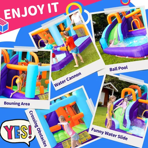 Miniatura 2 de Casa inflable de rebote de tobogán acuático para niños, casa inflable para patio trasero con tobogán acuático para regalo (ventilador incluido)