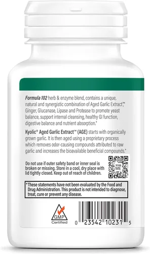Miniatura 2 de Kyolic, Aged Garlic Extract, Formula de limpieza de candida y digestión, Fórmula 102, 200 cápsulas vegetarianas, 10231, 1, 1