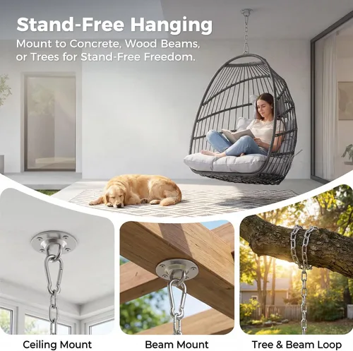 Miniatura 3 de Nicesoul Silla colgante para huevos al aire libre sin soporte, cesta de huevos para interiores con cojín, silla hamaca en forma de huevo de 350 Gris