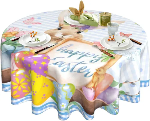 Mantel redondo de Pascua de 60 pulgadas, lavable, mantel de conejo de Pascua, fiestas en el hogar, fiestas, cenas, fiestas, comedor, decoración de