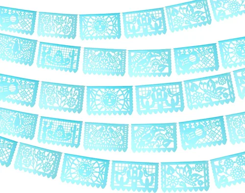 WS900 - Banderas de papel picado, 5 unidades de papel de seda azul aguamarina de más de 60 pies, bonitas pancartas para bodas, quinceañeras,