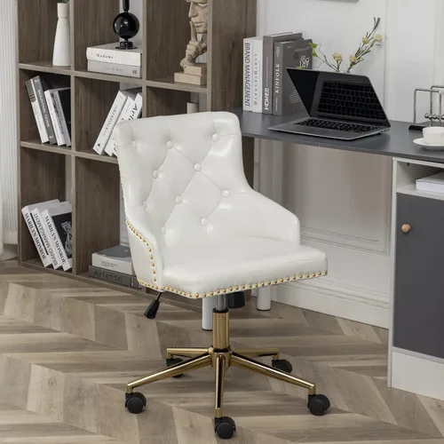 Miniatura 2 de BTEXPERT Silla de oficina en casa con base dorada de piel sintética blanca, ajustable, tapizado de uñas dorado, tapicería, dormitorio, estudio