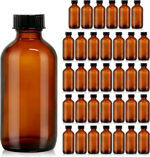 Paquete de 35 botellas redondas Boston de vidrio ámbar de 4 onzas con tapas de policona fenólica, herméticas, a prueba de fugas, para extracto de