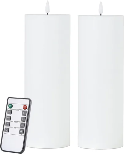 volnyus Juego de 2 velas blancas sin llama (3 x 9 pulgadas), velas LED parpadeantes de cera que funcionan con baterías con control remoto y Blanco