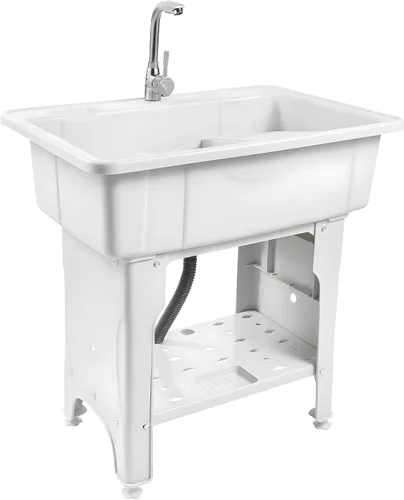 Fregadero de lavandería independiente con tabla de lavadero, fregadero de lavandería de plástico, fregadero de uso interior y exterior con grifo de