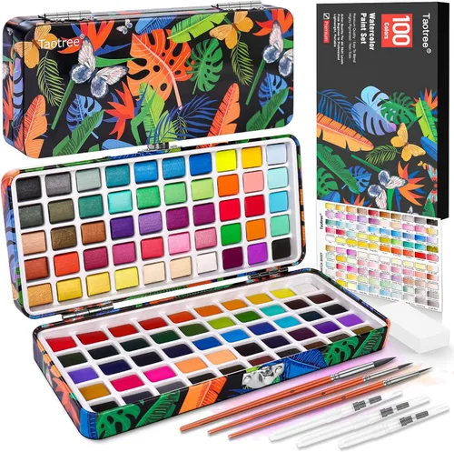 Taotree Juego de pintura de acuarela de 100 colores, suministros de arte, kit de acuarelas de viaje con 3 pinceles de pintura, suministros de