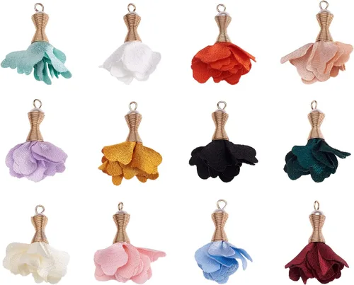 Miniatura 9 de Cheriswelry Colgantes de flores de tela de tela con pétalos florales con tapa dorada para aretes de bricolaje, llavero, fabricación de joyas