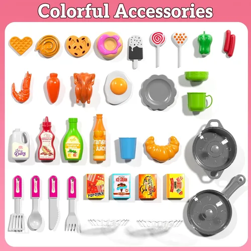 Miniatura 8 de MSKOLER Juego de cocina para niños de 3-6 4-8 años, cocina de juego con luz, sonido y pulverización, accesorios de juguete de fregadero, estufas