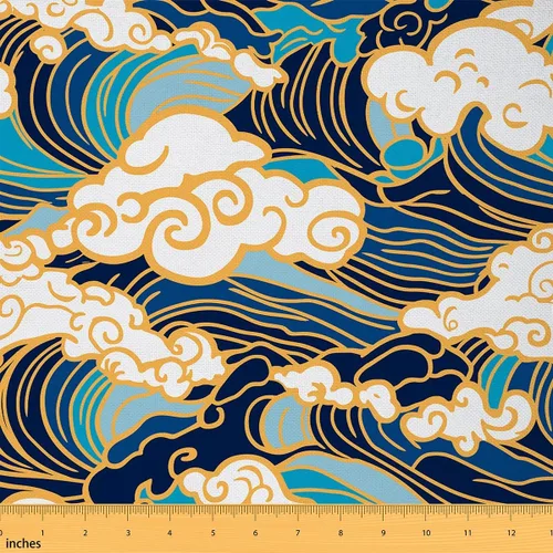 Feelyou Tela de Olas del Océano por el Patio, Tela de Tapicería Japonesa Hokusai Olas para Sillas, Estilo Oriental Tradicional Náutico Marino