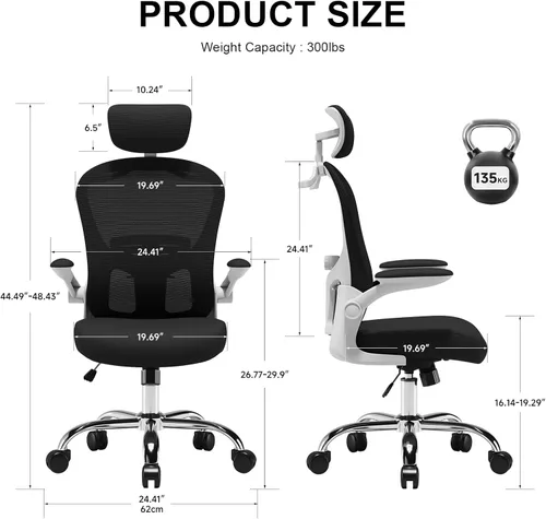 Miniatura 2 de Silla de oficina ergonómica, soporte lumbar ajustable, reposacabezas, silla de escritorio de malla con respaldo alto para oficina y hogar, silla