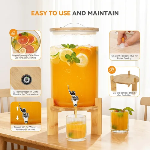 Miniatura 5 de WILLOW WEAVE - Dispensador de bebidas de vidrio de 2.1 galones con soporte, dispensador grande de bebidas para fiestas, grifo a prueba de fugas