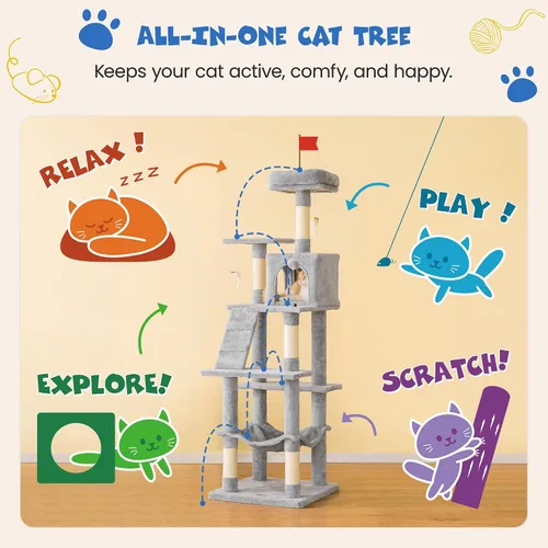 Miniatura 3 de MWPO Árbol para gatos multinivel de 63.8 pulgadas para gatos grandes con postes rascadores cubiertos de sisal, plataforma acolchada, hamaca