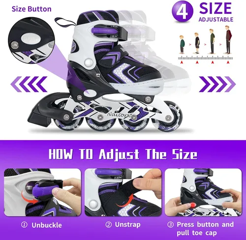 Miniatura 5 de Patines en línea NATTORK para niños, niñas y niños con ruedas completamente iluminadas, patines ajustables seguros y duraderos, patines para Púrpura