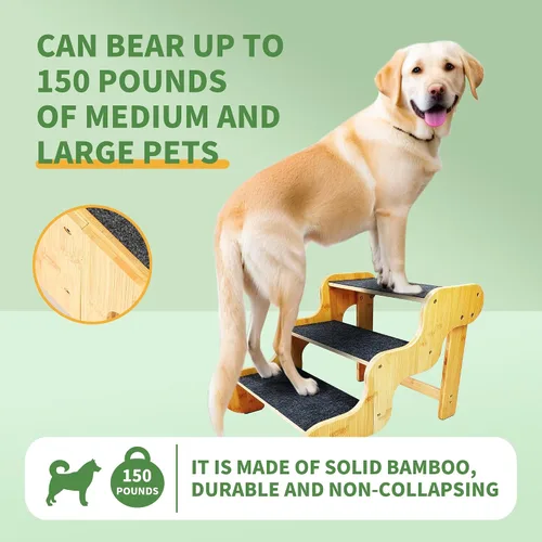 Miniatura 2 de Escaleras para perros pequeños, rampa de madera de bambú de 3 escalones para perros, mascotas/gatos para sofá, cama y automóvil, puede soportar un