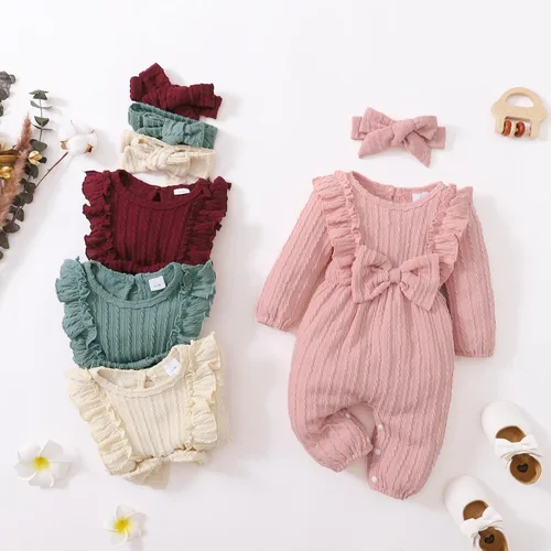 Miniatura 7 de Happy Town Mameluco para bebé niña para otoño e invierno, suéter de manga larga con volantes y diadema