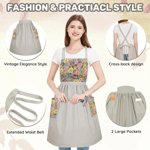 Miniatura 4 de Pinafore Dress Apron for Women Vintage Ruffle Chef Apron with Pockets and Long Ties, Cross Back Cute Kitchen Apron
