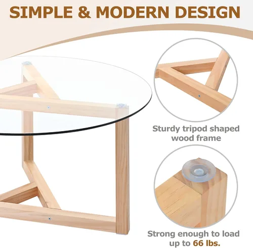 Miniatura 4 de Mesa auxiliar ovalada de vidrio templado de 3 capas con patas de madera de roble de almacenamiento, mesa auxiliar moderna para sala de estar