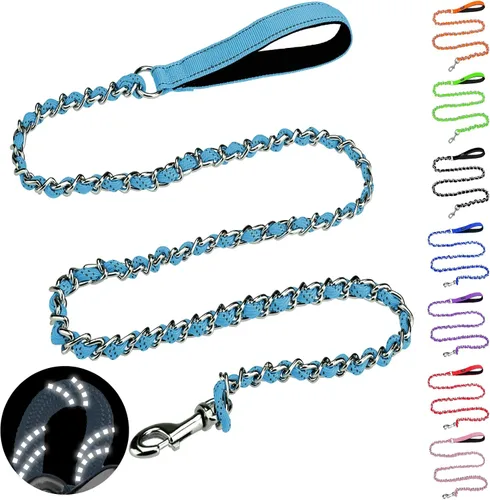 Miniatura 13 de HOMIMP Correa de perro a prueba de mordidas para perros medianos y grandes, correa reflectante de cadena de metal resistente de 6 pies con mango