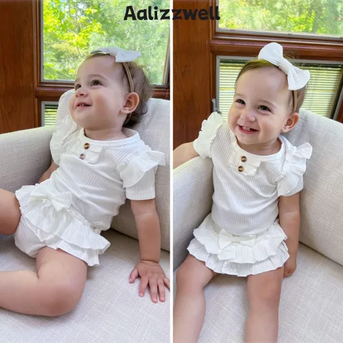 Miniatura 30 de Aalizzwell Body de manga corta para bebé niña con pantalones cortos acanalados