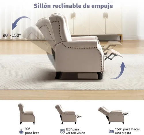 Miniatura 4 de EBELLO Silla reclinable con respaldo de empuje, silla decorativa de tela, reclinable con decoración de remaches, respaldo con botones, sillón