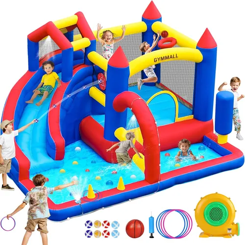 Casa de Rebote Inflable Casa de Saltos Inflable para Niños de 3 a 12 años para Interior y Exterior, Casa de Rebote de Agua 9 en 1 con Tobogán,