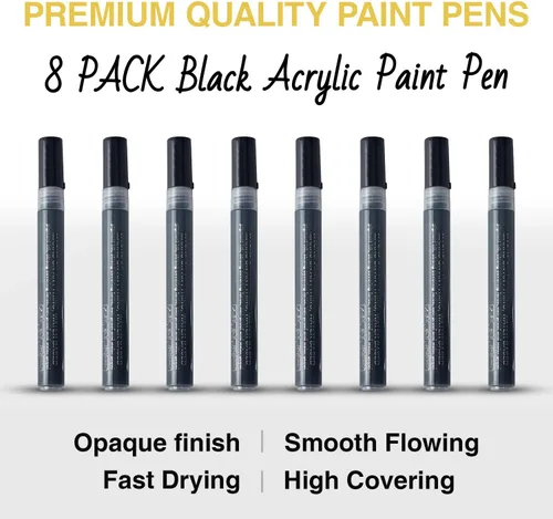Miniatura 7 de AKARUED Marcadores de pintura acrílica negra: paquete de 8 bolígrafos de pintura negra, marcadores de pintura negra acrílica para pintura de roca